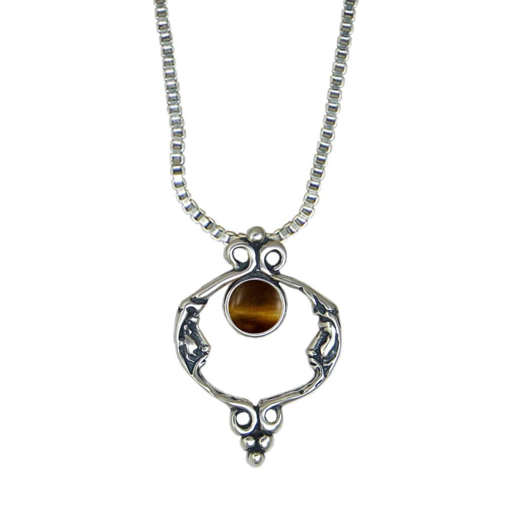 Sterling Silver Unusual Double Moon Necklace With Tiger Eye